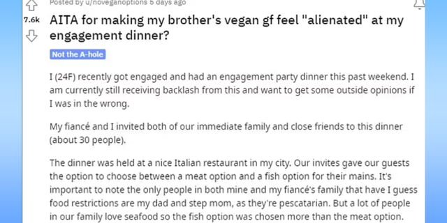 A Reddit user sparked online outrage for his dinner guest after he explained in a post that she had a tantrum over the restaurant lacking sufficient vegan options.