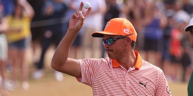 Rickie Fowler celebrates a hole-in-one during the final round of the Waste Management Phoenix Open on Feb. 12, 2023, in Scottsdale, Arizona.