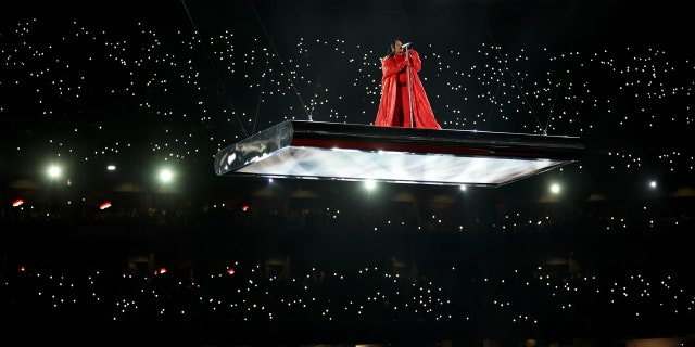 Rihanna performs onstage during the Apple Music Super Bowl LVII Halftime Show at State Farm Stadium Feb. 12, 2023, in Glendale, Ariz.