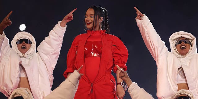 Rihanna performs onstage during the Apple Music Super Bowl LVII Halftime Show at State Farm Stadium on February 12, 2023, in Glendale, Arizona. 