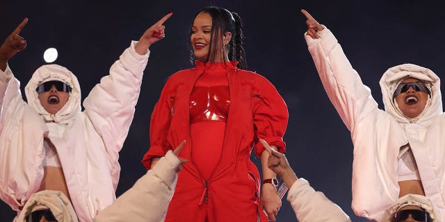 Rihanna performs onstage during the Apple Music Super Bowl LVII Halftime Show at State Farm Stadium on February 12, 2023, in Glendale, Arizona.