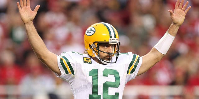 Aaron Rodgers #12 of the Green Bay Packers celebrates after a touchdown during the second quarter against the San Francisco 49ers in the game at Levi's Stadium on September 26, 2021 in Santa Clara, California.