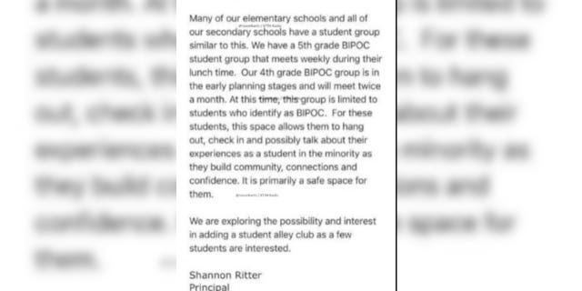A screenshot of an email from Centennial Elementary School that outlines the BIPOC groups.