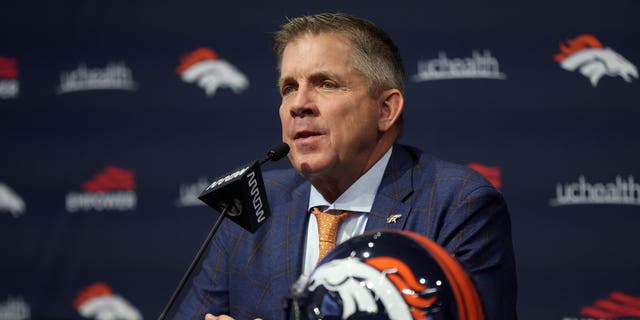 New Denver Broncos head coach Sean Payton answers questions from the media during a news conference at the UCHealth Training Center on February 6, 2023 in Englewood, Colorado.