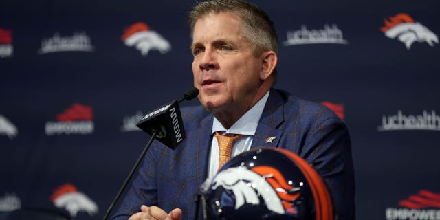 New Denver Broncos head coach Sean Payton answers questions from the media during a news conference at the UCHealth Training Center on February 6, 2023 in Englewood, Colorado.