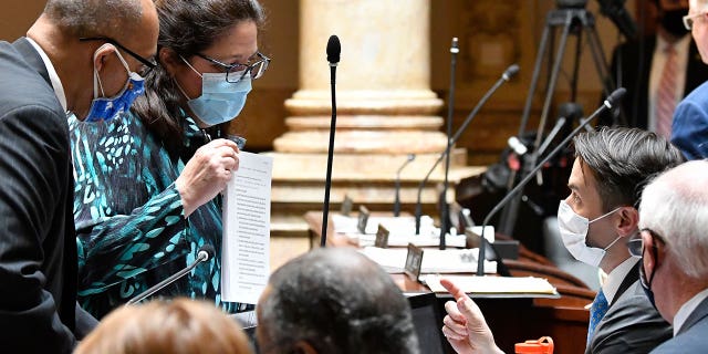 Kentucky state Sen. Karen Berg, left, speaks with Sen. Morgan McGarvey during the last day of the state session at the state Capitol in Frankfort on March 30, 2021.