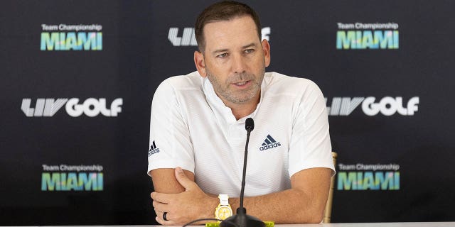 Sergio Garcia speaks to the media prior to the LIV Golf Invitational - Miami on Oct. 27, 2022, in Doral, Florida.