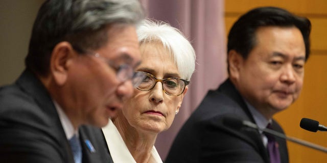 Deputy Secretary of State Wendy Sherman talks during a press availability with Vice Minister Mori Takeo, left, and First Vice Minister Cho Hyundong at the State Department in Washington, D.C., on Feb. 13, 2023. (Jim Watson/AFP via Getty Images)