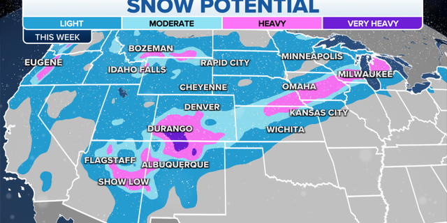 Snow potential in the western U.S. this week.