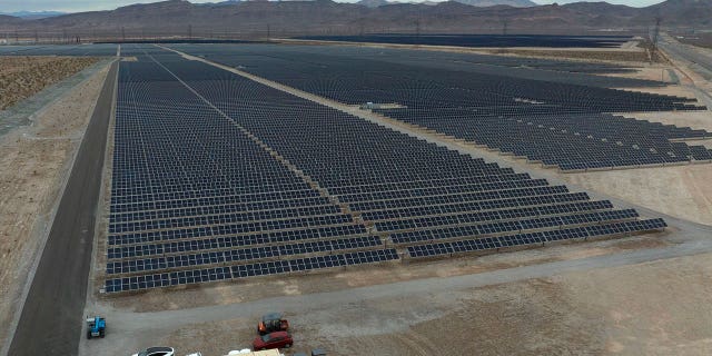 The MGM Mega Solar Array facility is seen in an aerial view northeast of Las Vegas on Jan. 10, 2023. Mohammed Reza Mesmarian, 34, is facing charges including terrorism, arson, and destruction of property and escape, after he allegedly attacked the solar facility.