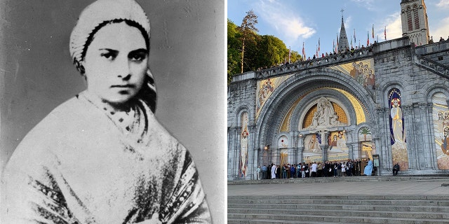 Shown at left, St. Bernadette Soubirous; above right, a church at Lourdes.