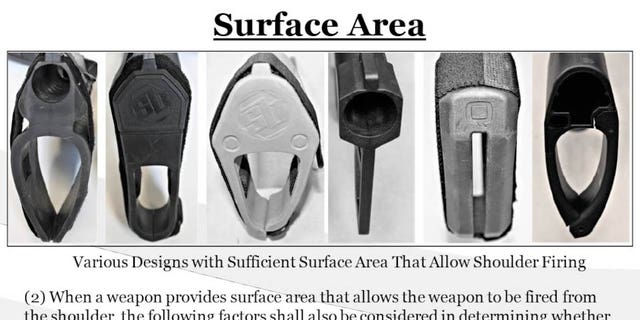 An ATF PowerPoint slide shows various stabilizing brace designs that are regulated under the new rule. 