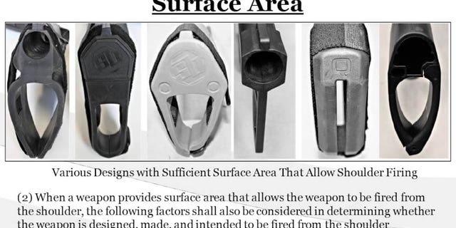 An ATF PowerPoint slide shows various stabilizing brace designs that are regulated under the new rule. 