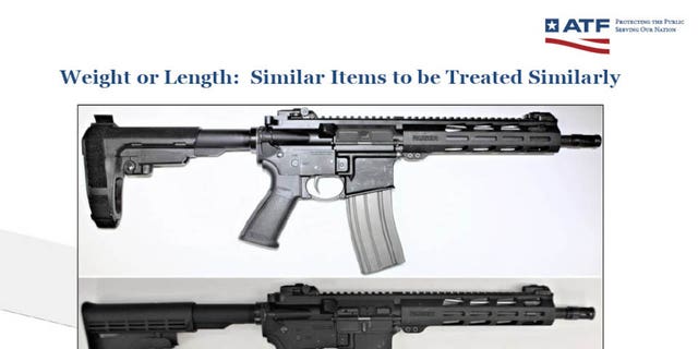An ATF PowerPoint slide showing a firearm equipped with a stabilizing brace compared to a firearm with a commercial stock. 