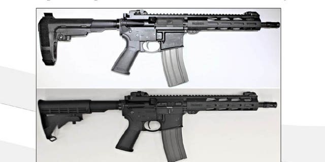 An ATF PowerPoint slide showing a firearm equipped with a stabilizing brace compared to a firearm with a commercial stock. 