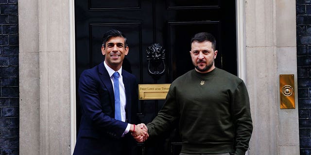 Britain's Prime Minister Rishi Sunak, left, welcomes Ukraine's President Volodymyr Zelenskyy at Downing Street in London, Wednesday, Feb. 8, 2023. It is the first visit to the UK by the Ukraine President since the war began nearly a year ago. 