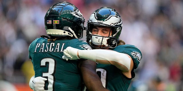 Philadelphia Eagles wide receiver Zach Pascal (3) hugs tight end Jack Stoll before the NFL Super Bowl LVII football game between the Kansas City Chiefs and the Philadelphia Eagles on Sunday, February 12, 2023, in Glendale, Arizona. 