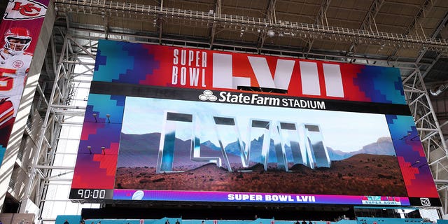 The Super Bowl logo and stadium screen is seen before Super Bowl LVII between the Kansas City Chiefs and the Philadelphia Eagles at State Farm Stadium on February 12, 2023 in Glendale, Arizona.