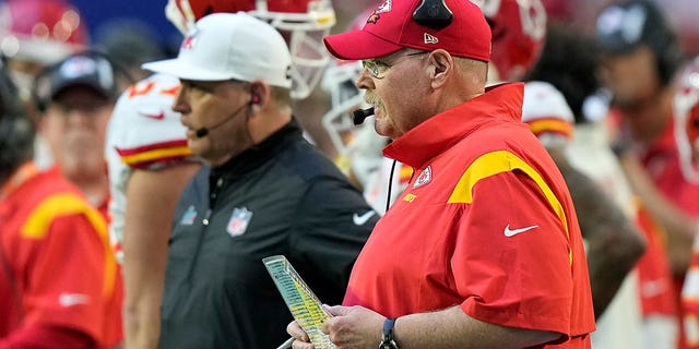 Kansas City Chiefs head coach Andy Reid watches play against the Philadelphia Eagles during the first half of the NFL Super Bowl 57 football game between the Kansas City Chiefs and the Philadelphia Eagles, Sunday, Feb. 12, 2023, in Glendale, Ariz. 