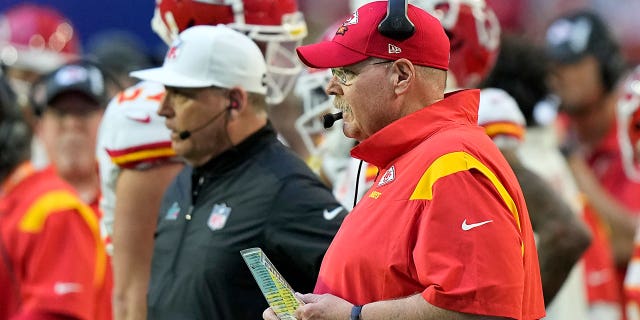 Kansas City Chiefs head coach Andy Reid watches play against the Philadelphia Eagles during the first half of the NFL Super Bowl 57 football game between the Kansas City Chiefs and the Philadelphia Eagles, Sunday, Feb. 12, 2023, in Glendale, Ariz.