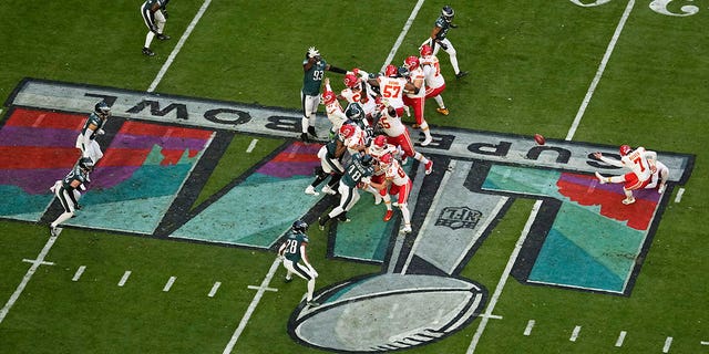 Kansas City Chiefs place kicker Harrison Butker, #7, unsuccessfully attempts a field goal against the Philadelphia Eagles during the first half of the NFL Super Bowl LVII football game, Sunday, Feb. 12, 2023, in Glendale, Arizona.