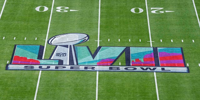 The Super Bowl logo painted on the State Farm Stadium field for the game between the Kansas City Chiefs and Philadelphia Eagles on Feb. 12, 2023, in Glendale, Arizona.
