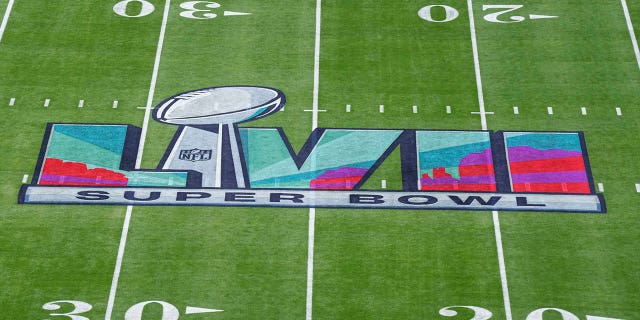 Elevated view of the LVII logo painted on the field prior to Super Bowl LVII between the Kansas City Chiefs and the Philadelphia Eagles at State Farm Stadium on February 12, 2023 in Glendale, Arizona. 