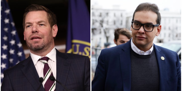 Rep. Eric Swalwell, D-Calif., jokingly referenced claims of Rep. George Santos, R-N.Y., as a drag queen in a Super Bowl tweet Sunday.