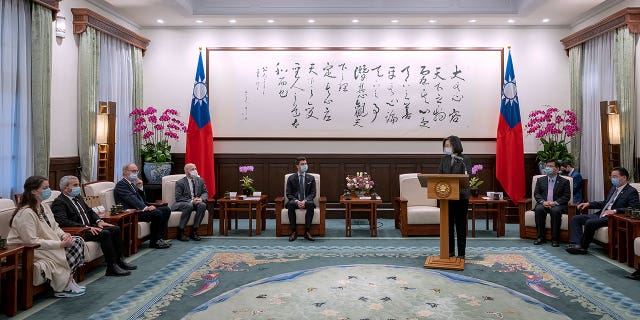 Taiwan's president Tsai Ing-wen, center right, speaks during a meeting with Swiss lawmakers in Taipei, Taiwan, on Feb. 6, 2023.