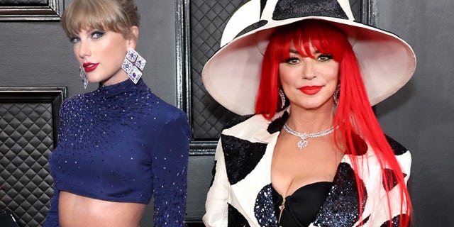 Taylor Swift stunned wearing a navy blue two-piece set at the Grammy Awards Sunday with Shania Twain.
