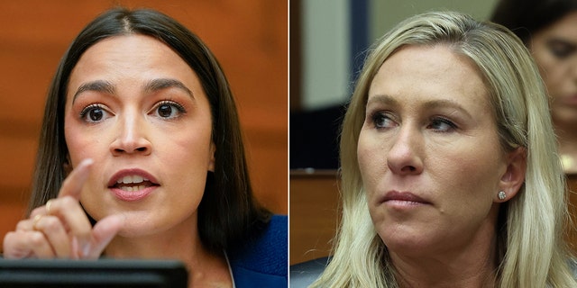 A split photo of Reps. Alexandria Ocasio-Cortez and Marjorie Taylor Greene