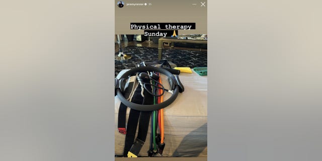 Jeremy Renner shared a photo of his physical therapy equipment on his Instagram story on Sunday.