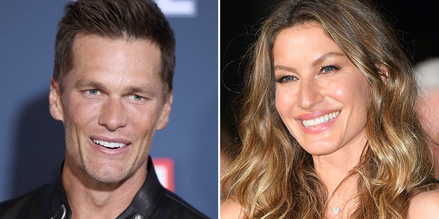 Tom Brady looks to the viewers right in a black jacket on the red carpet for "80 for Brady" split Gisele smiles to the viewers left in a green dress