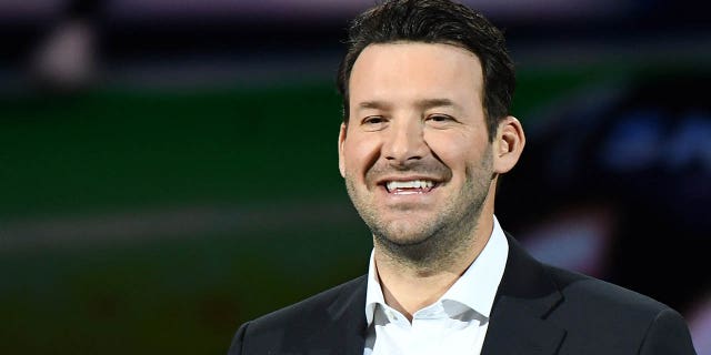 CBS Sports analyst Tony Romo speaks during a keynote address by Intel Corp. CEO Brian Krzanich at CES 2018 at the Park Theater at Monte Carlo Resort and Casino in Las Vegas on January 8, 2018.