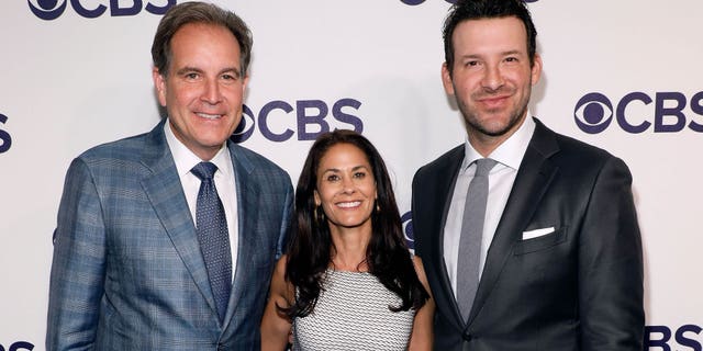 Jim Nantz, Tracy Wolfson, and Tony Romo attend the 2017 CBS Upfront at The Plaza Hotel on May 17, 2017 in New York City.