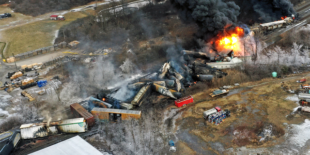 This photo taken with a drone shows portions of a Norfolk and Southern freight train that derailed Friday night in East Palestine, Ohio.