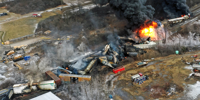 This photo taken with a drone shows portions of a Norfolk and Southern freight train that derailed Friday night in East Palestine, Ohio.