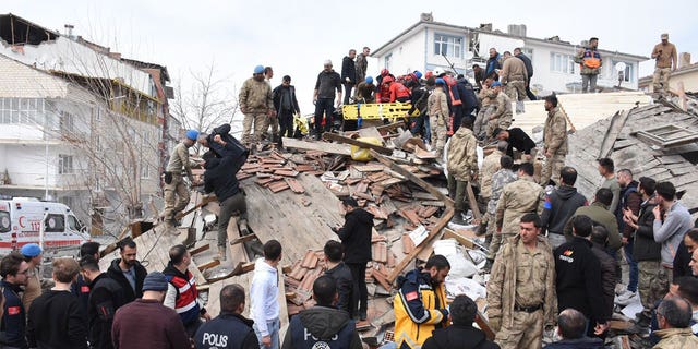 Search and rescue teams continue working after a 5.6 magnitude earthquake hit Malatya, Turkey, on Feb. 27, 2023.