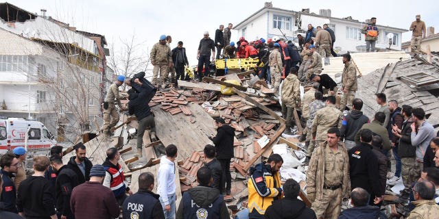 Search and rescue teams continue working after a 5.6 magnitude earthquake hit Malatya, Turkey, on Feb. 27, 2023.