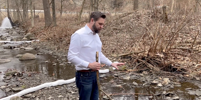 Sen. J.D. Vance visits East Palestine, Ohio after toxic train derailment. 