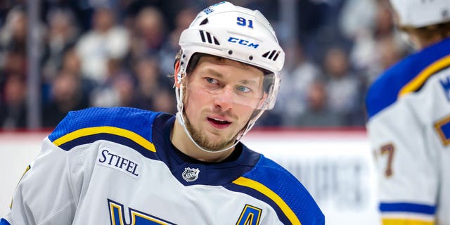 Vladimir Tarasenko of the St. Louis Blues during a first period stoppage of play against the Jets at Canada Life Centre on Jan. 30, 2023, in Winnipeg, Manitoba.