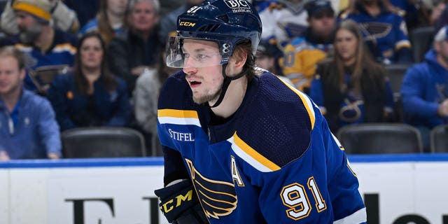 Vladimir Tarasenko of the Blues looks to shoot against the Toronto Maple Leafs at the Enterprise Center on Dec. 27, 2022, in St. Louis, Missouri.
