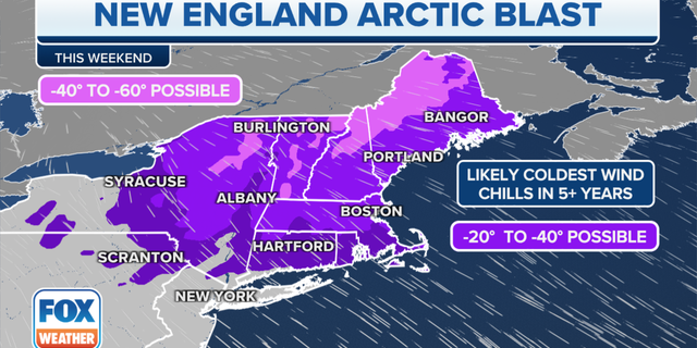 Wind chills between 40 and 60 below zero are possible in far northern New England.