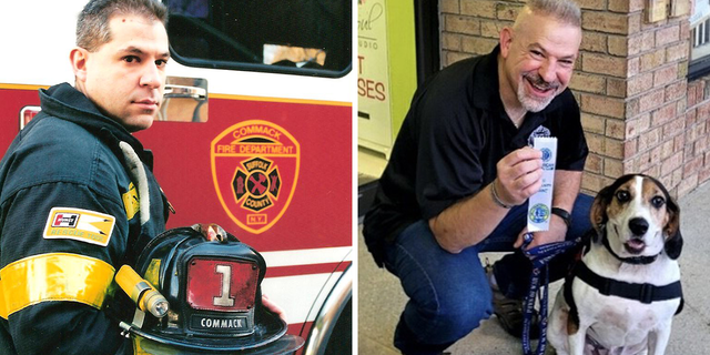 A young Rob Weisberg in his early days of volunteering with the Commack Fire Department in Commack, New York. On the right, Weisberg and Chip pass a service dog training assessment with Paws of War. 