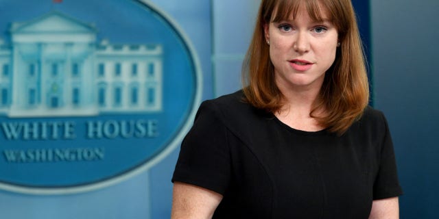 White House communications director Kate Bedingfield speaks during a briefing in the James S. Brady Press Briefing Room of the White House in Washington, D.C., on March 31, 2022.