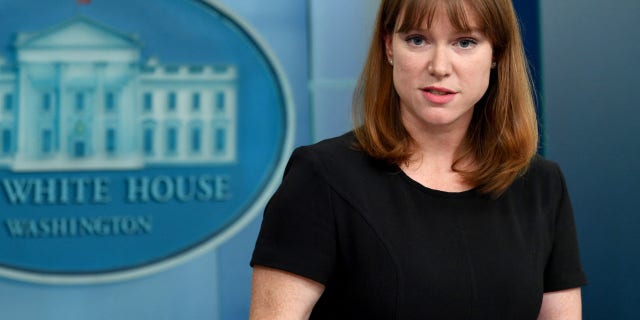 White House Director of Communications Kate Bedingfield speaks during a briefing in the James S. Brady Press Briefing Room of the White House in Washington, DC, on March 31, 2022.