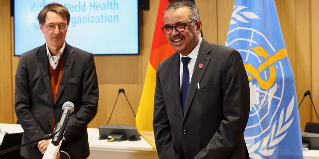 German Health Minister Karl Lauterbach and WHO’s Director-General Dr. Tedros Adhanom Ghebreyesus give a statement in Geneva, Switzerland, on Feb. 2, 2023. 