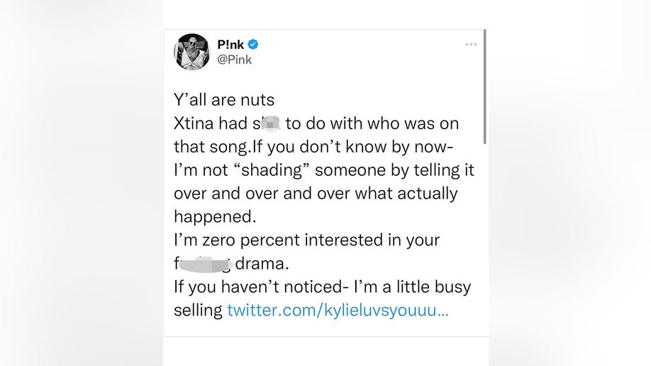 Pink took issue with a since deleted tweet made by someone referencing that she was "shading" Christina Aguilera