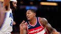 Mar 21, 2023; Orlando, Florida, USA; Washington Wizards guard Bradley Beal (3) dribbles the ball past Orlando Magic guard Markelle Fultz (20) during the second half at Amway Center.
