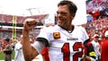 Jan 1, 2023; Tampa, Florida, USA;  Tampa Bay Buccaneers quarterback Tom Brady (12) gets pumped up prior to the game against the Carolina Panthers at Raymond James Stadium.